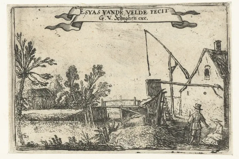 Etching by Esaias van de Velde showing a farmhouse by a canal
