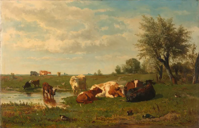 Cows grazing in a green meadow, oil on canvas by Gerard Bilders