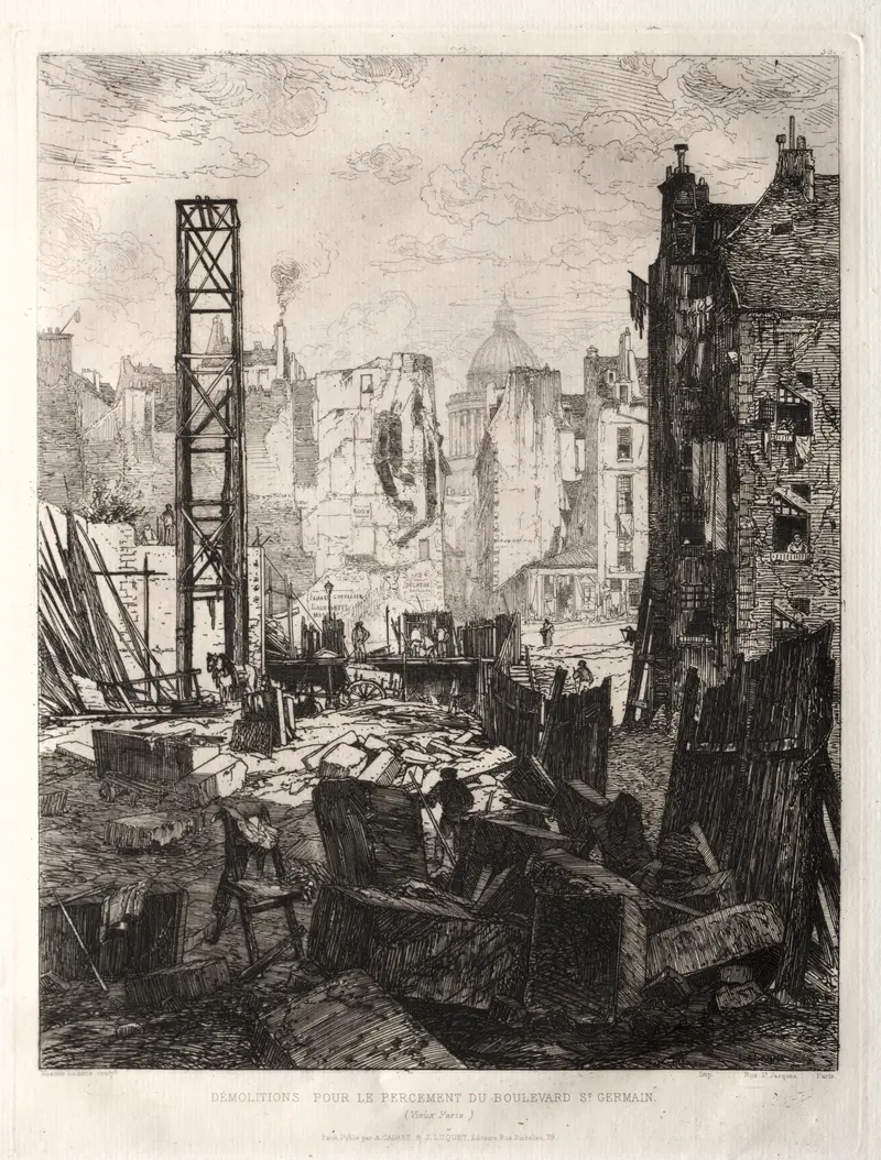Engraving by Maxime Lalanne depicting a cityscape with ruins and shadows.