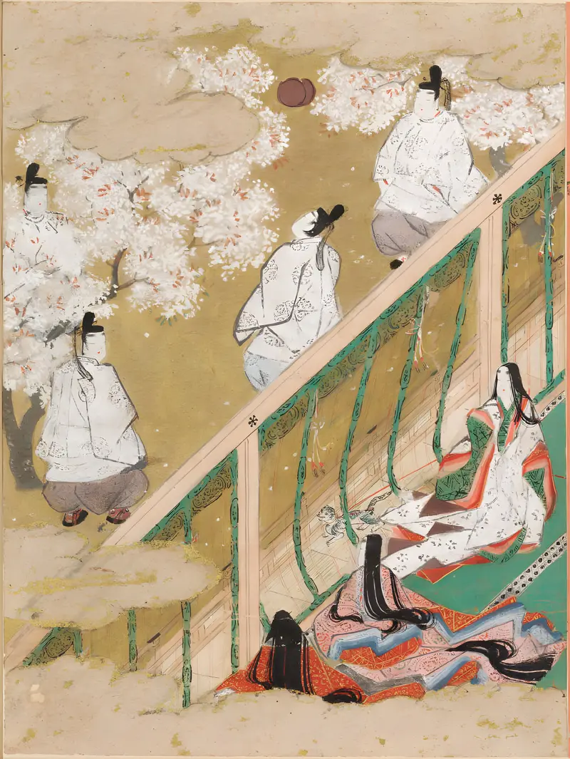 Gold illustration by Tosa Mitsunobu featuring graceful figures among blossoms