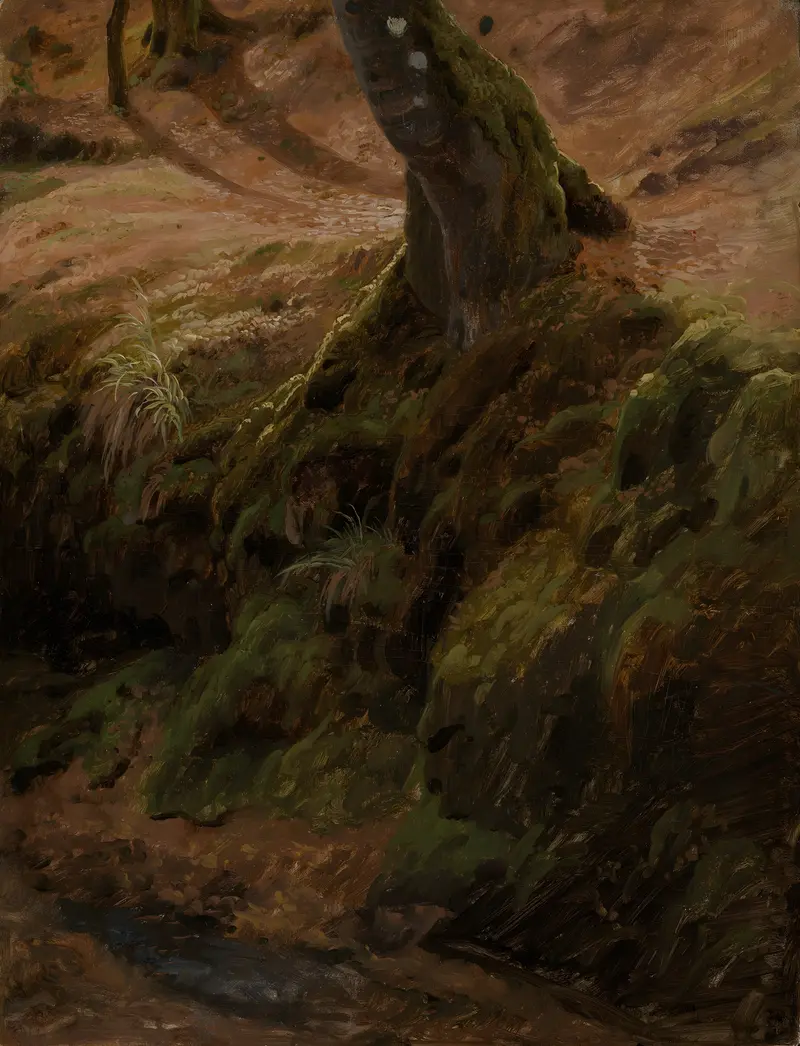 Waldböschung mit Baumstamm, oil on canvas by Johann Wilhelm Schirmer featuring a tree trunk in a serene forest.
