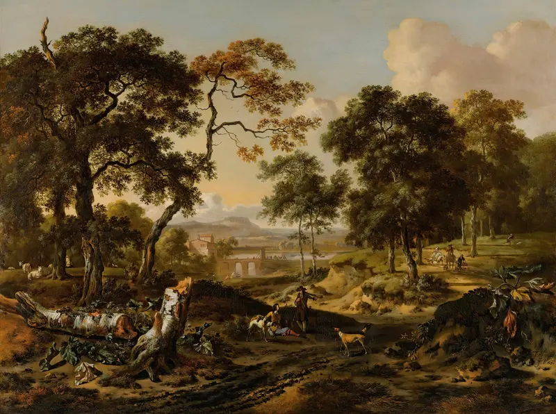 Landscape with sportsmen resting by a path, oil on canvas by Jan Wijnants