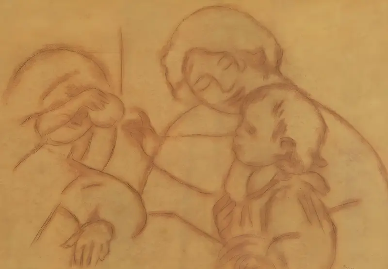 Three softly drawn figures—a woman shielding her face, a second adult with closed eyes, and a small child looking up—are interlaced against a warm ochre background.