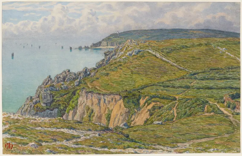 Marine scene with stormy skies and calm waters by Henri Rivière, oil painting