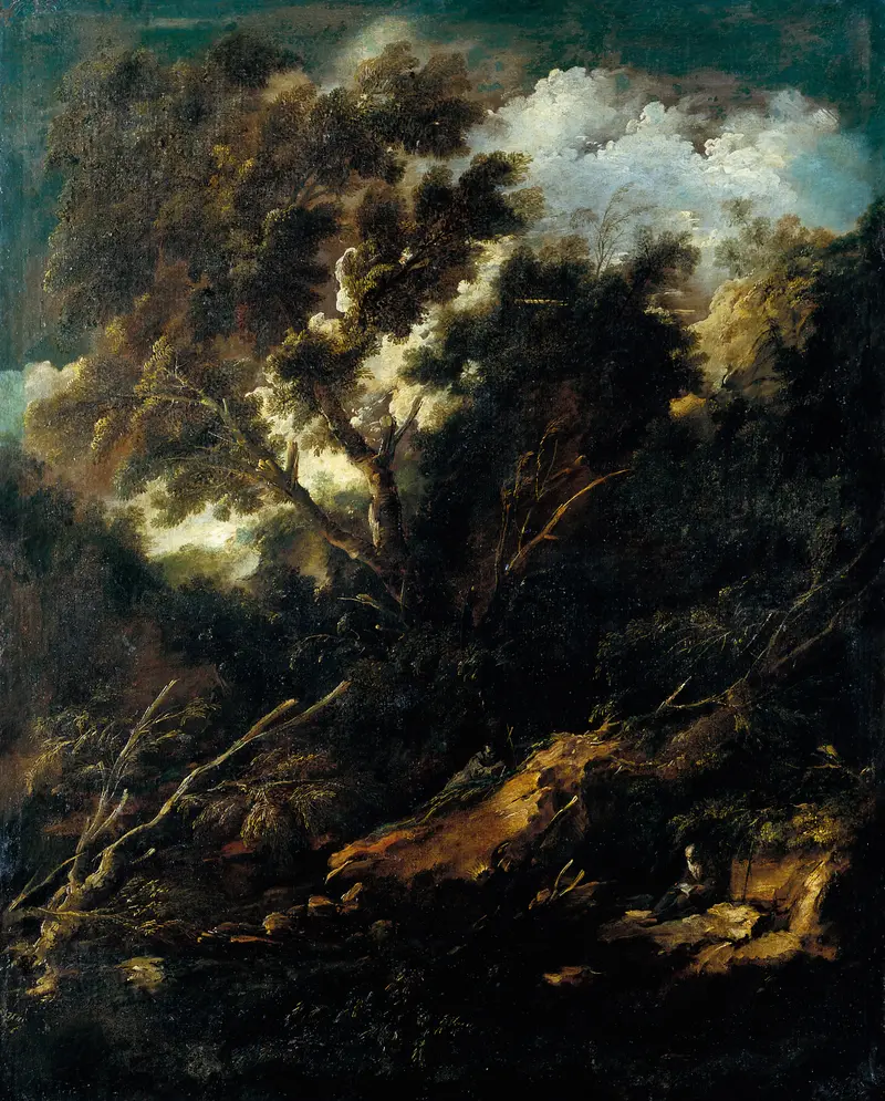 Landscape with a Reading and a Praying Franciscan by Antonio Francesco Peruzzini, oil painting