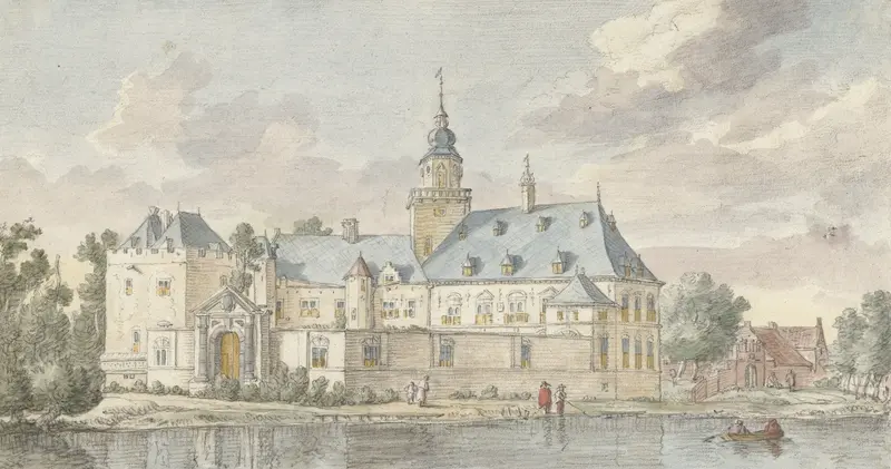 Gezicht op kasteel Nijenrode by Herman Saftleven, oil painting of a castle against a colorful sky.