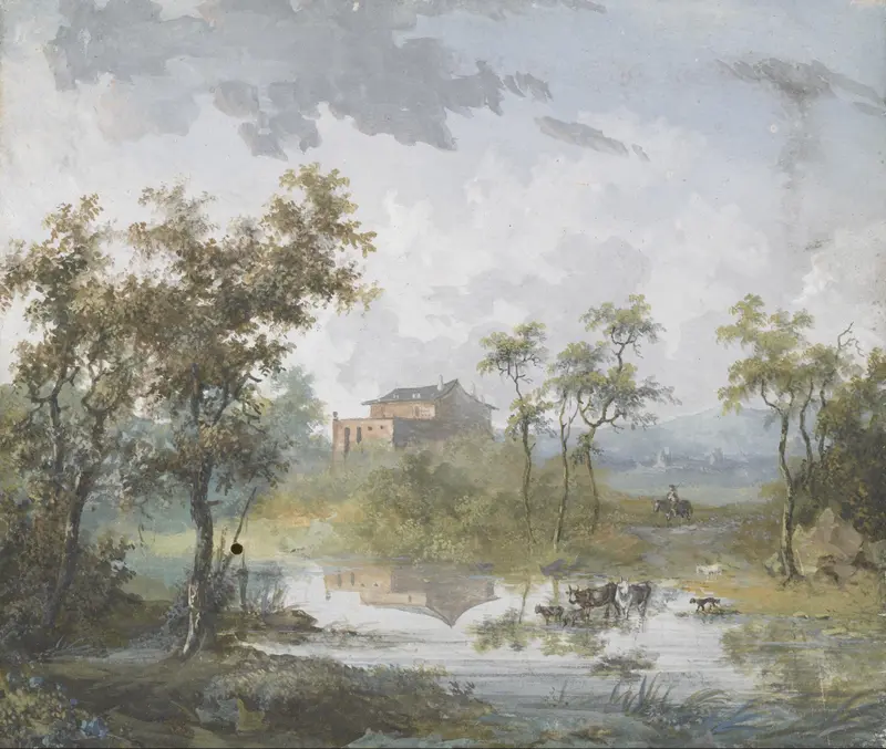 Rococo landscape with a river and trees by Louis Gabriel Moreau
