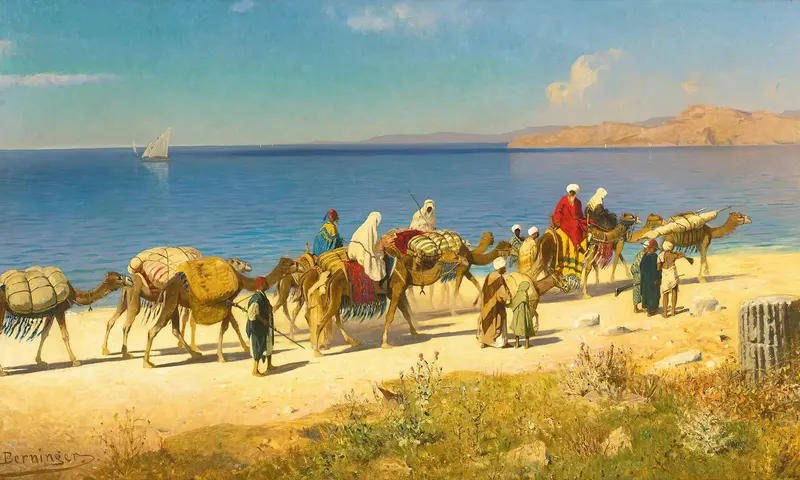 Caravan Along The Coast by Edmund Berninger, oil on canvas depicting figures on a rugged coastline.
