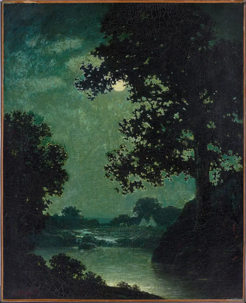 Moonlight by Ralph Albert Blakelock, oil on canvas depicting a night landscape with trees and water.