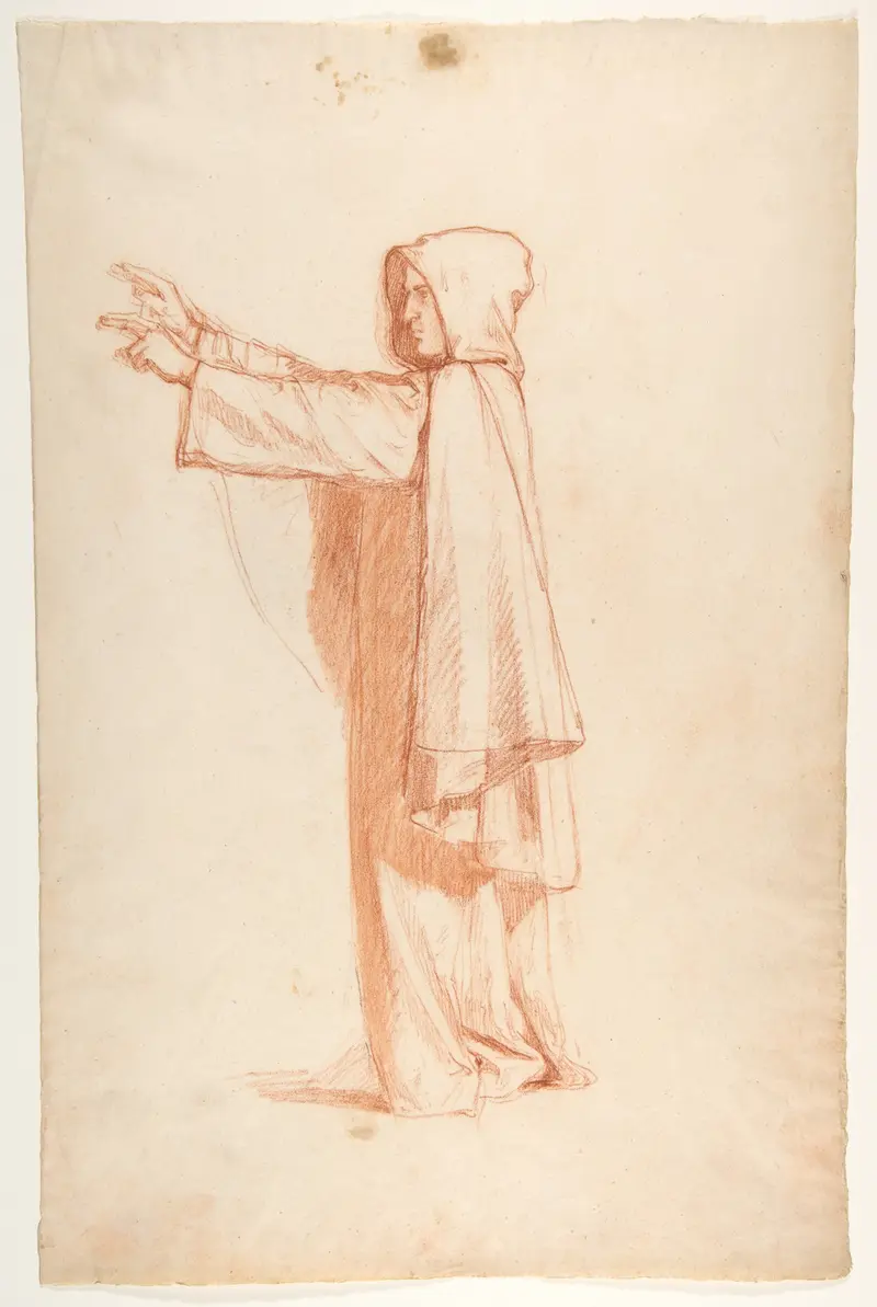 A contemplative monk in a serene setting.