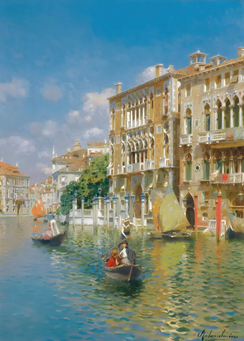 Gondoliers in front of the Palazzo Cavalli-Franchetti, oil painting by Rubens Santoro