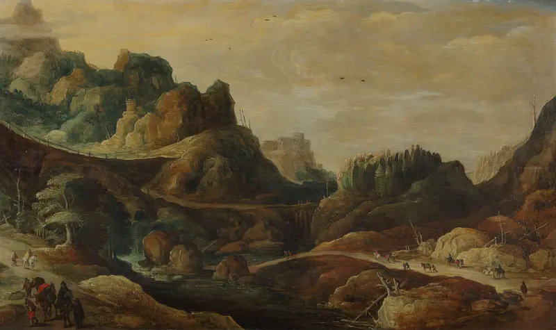 A mountainous landscape with travellers along a riverbank, oil painting by Joos de Momper