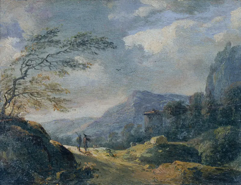Kleine Gebirgslandschaft by Johann Christian Brand, oil on canvas depicting a serene mountain landscape with a stream.