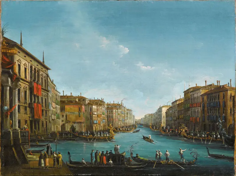 The Regatta on Grand Canal, Venice by Giuseppe Bernardino Bison, oil painting depicting boats on water.