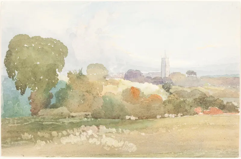 Landscape with Church Steeple, oil on canvas by Rev. James Bulwer, featuring hills and a church at dawn.