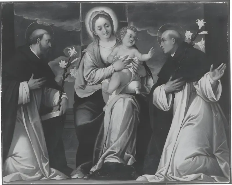 Virgin Mary cradles the Christ Child, flanked by two saints in a serene composition.