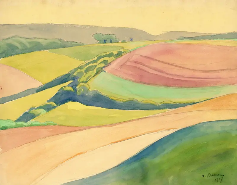 Watercolour by Albert Daenens depicting a serene landscape with gentle greens and blues.
