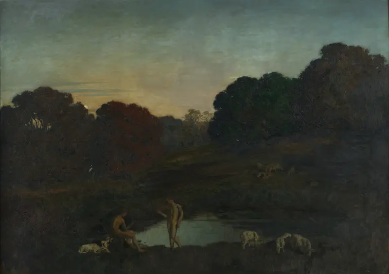 Pastoral Scene by Émile-René Ménard, oil on canvas depicting a serene landscape with rolling hills and meadows.