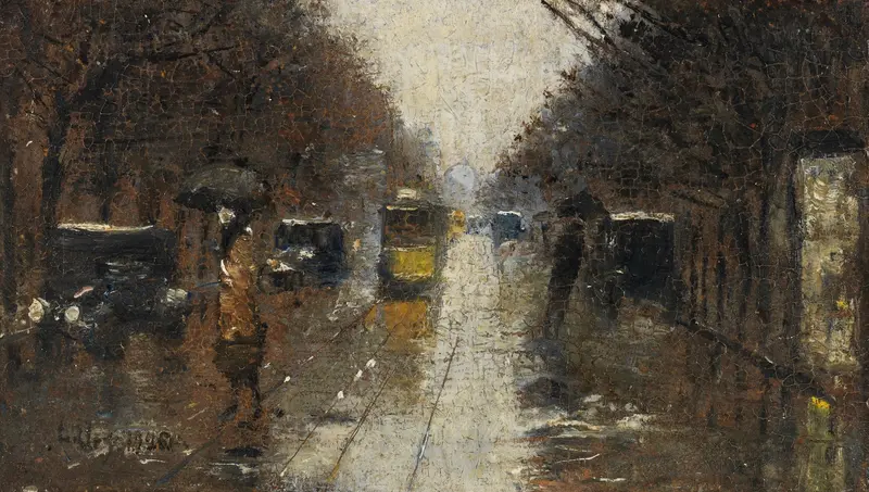 Genre scene of a rainy Berlin street with a figure and umbrella, by Lesser Ury, oil painting.