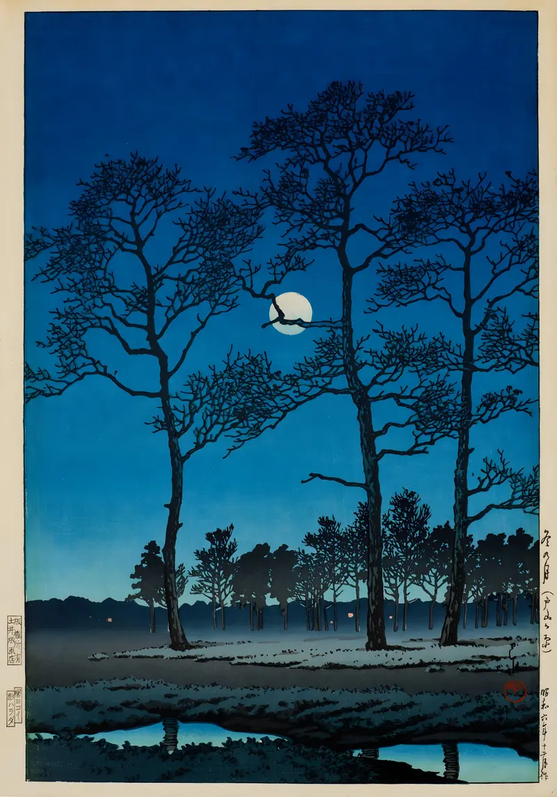 Winter landscape with moon and snow, woodblock print by Kawase Hasui