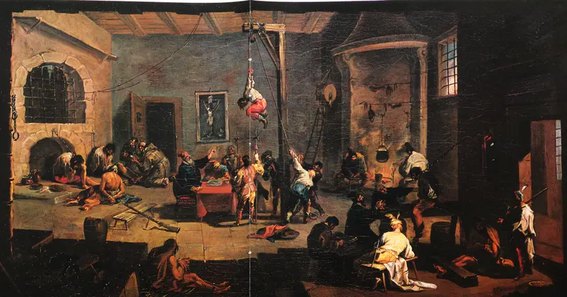 A chaotic scene depicting a figure suspended from the ceiling, surrounded by men in shadowy corners.