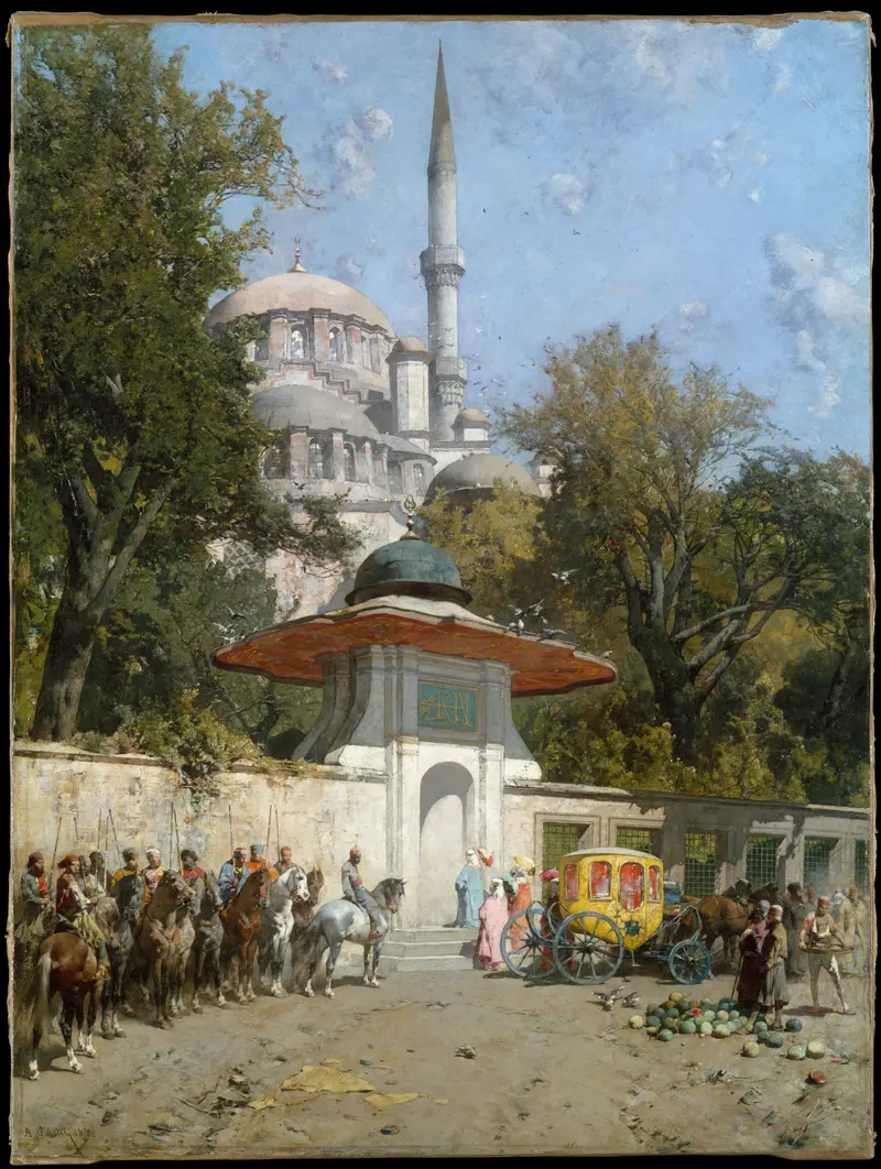 A Mosque by Alberto Pasini, oil on canvas depicting intricate arches and soft light