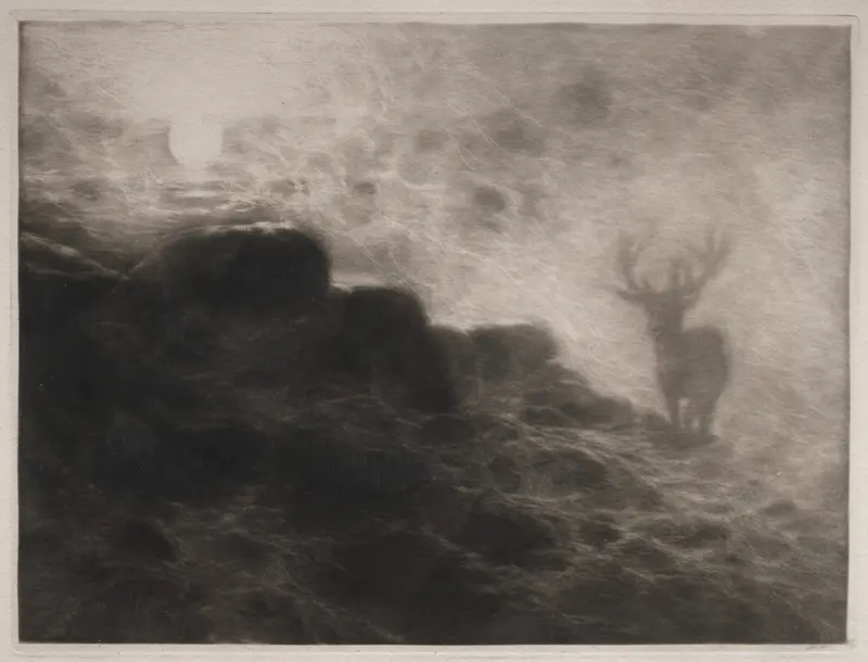 Figurative scene of dawn with a figure emerging from shadows, etching by Francis Seymour Haden