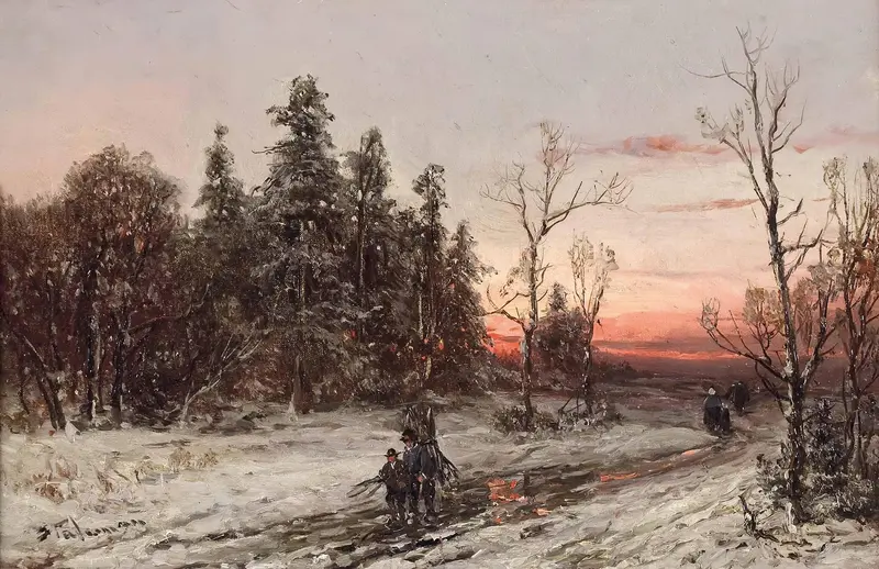 Genre scene depicting wood gatherers at dusk, oil painting by Adolf Stademann
