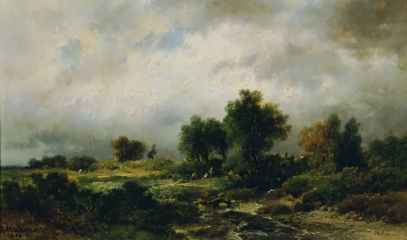 Landscape with vibrant fields and hills by Remigius Adrianus van Haanen, oil painting
