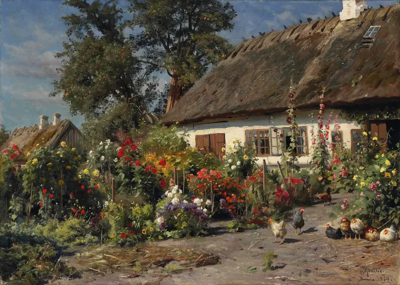 A Cottage Garden With Chickens by Peder Mørk Mønsted, oil painting of a garden with chickens.