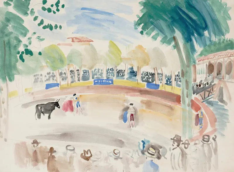 La corrida by Raoul Dufy, oil on canvas depicting a lively bullfight scene.