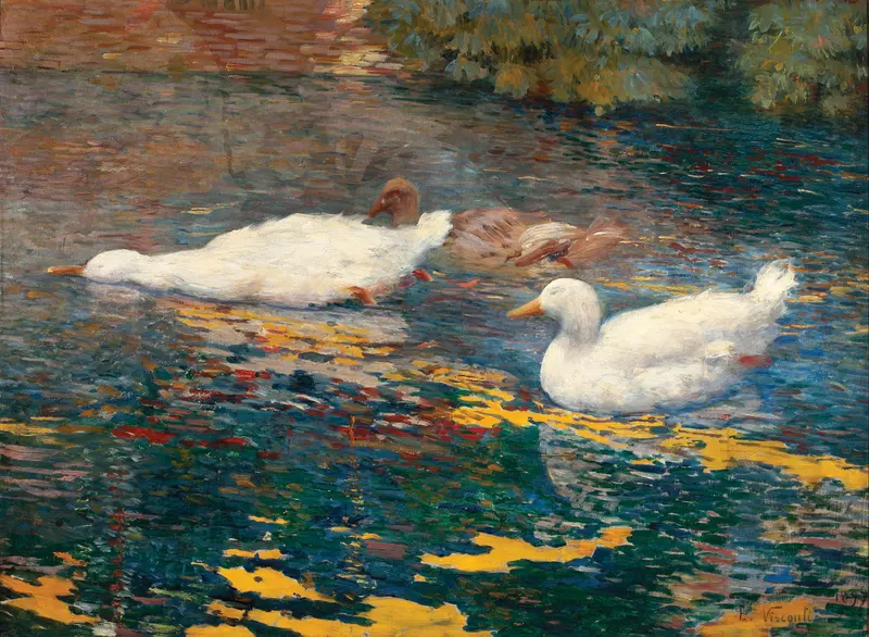 Impressionist oil painting by Eliseu Visconti depicting ducklings on a lake