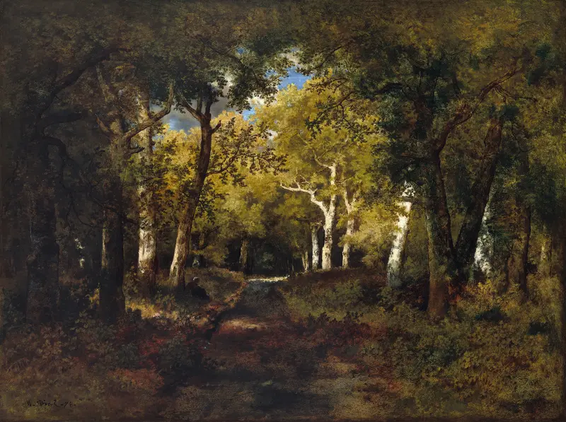 Forest scene with dappled sunlight, oil painting by Narcisse-Virgile Diaz de La Peña