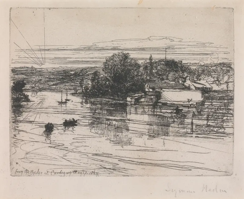 Engraving by Francis Seymour Haden depicting a bridge over a river with reflections and an overcast sky.