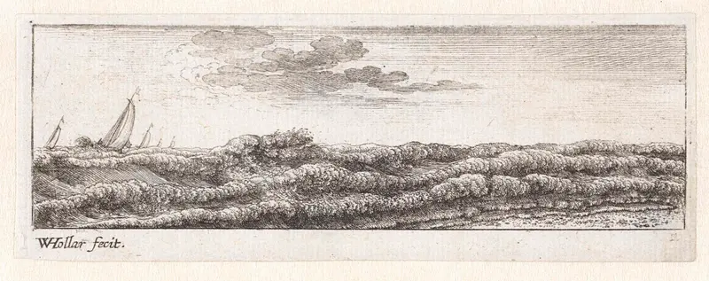 Etching by Wenceslaus Hollar depicting a coastline with waves and light reflections