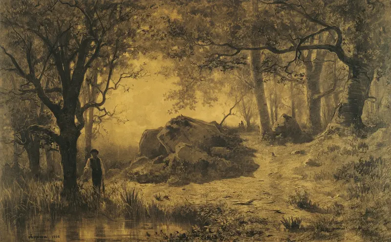 Pond at the Edge of the Wood by Adolphe Appian, oil painting depicting a serene landscape with a pond and trees.