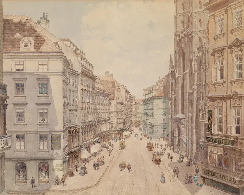 oil painting of Wien Der Stephansplatz by Richard Moser, featuring St. Stephen's Cathedral and a bustling crowd