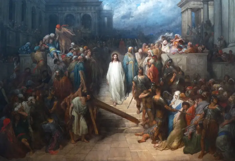 A luminous figure in white descends stairs surrounded by a dense crowd, soldiers in armor, a man lifting a wooden cross, and mourners beneath grand classical architecture.