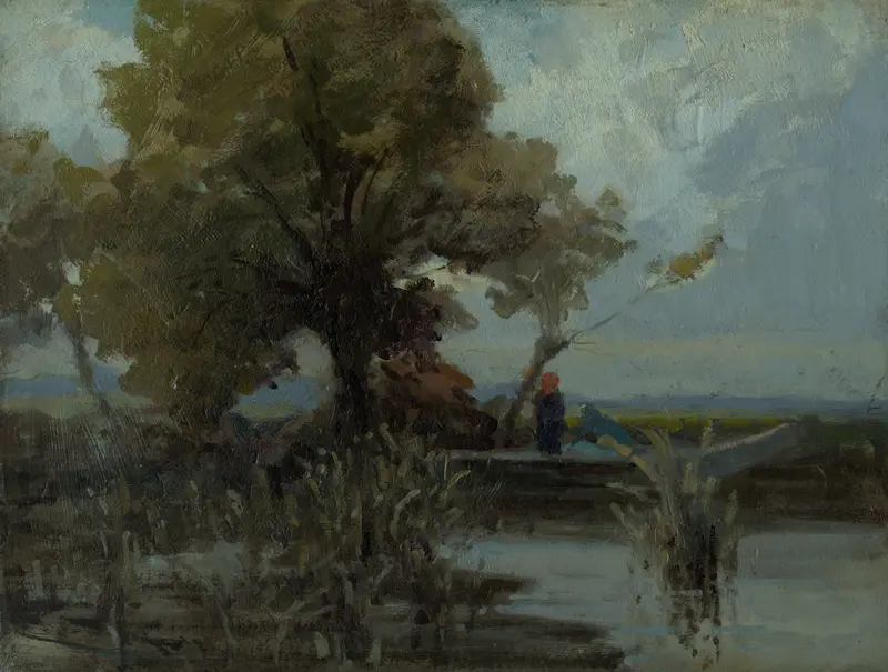 Košatý strom pri jazere by Ľudovít Čordák, oil on canvas depicting a tree by a lake