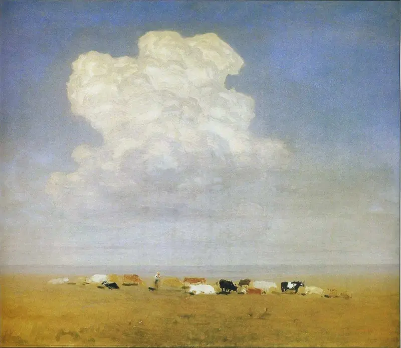 A monumental cloud dominates the sky above a small herd of cattle on the steppe, emphasizing the vastness of nature.