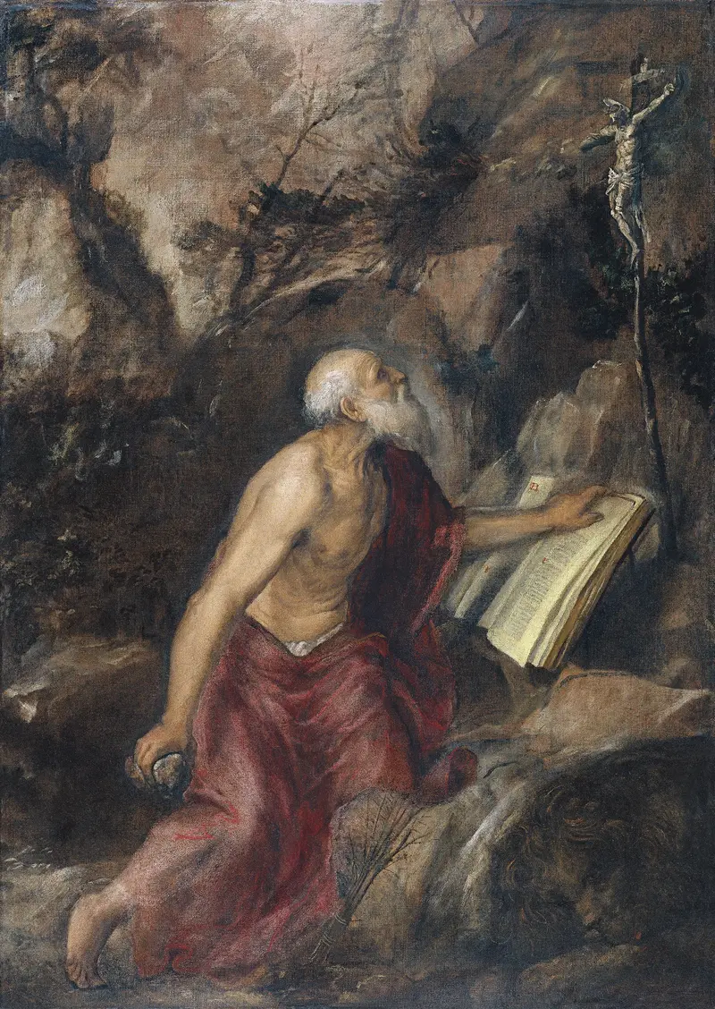 Titian's 'The Penitent Saint Jerome' depicts the saint in a moment of solitary agony and revelation.