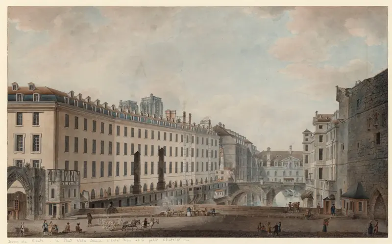 Watercolour by Victor-Jean Nicolle depicting a bridge over the Seine.