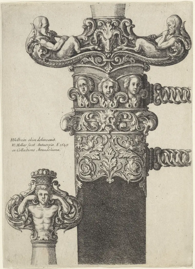 Ornate dagger design etching by Wenceslaus Hollar featuring floral motifs and scrollwork.