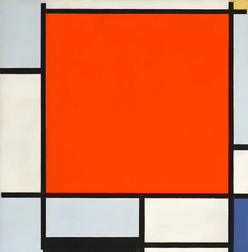 A geometric abstract painting with a large red rectangle, bluish gray bands, a small yellow square, deep blue and white rectangles separated by black lines.