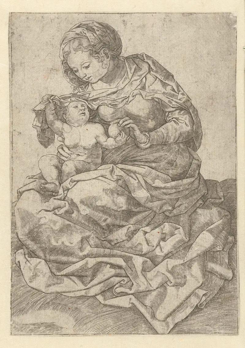 Engraving of Madonna cradling Child by Unknown Artist
