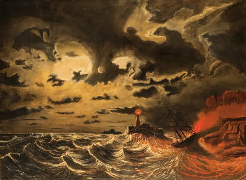 Steamer in Flames by Marcus Larson, oil painting depicting a burning steamer in turbulent waters.