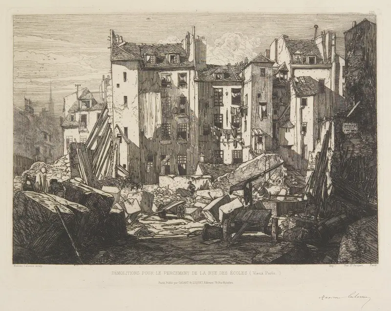 Engraving by Maxime Lalanne depicting Parisian ruins and debris under a gray sky