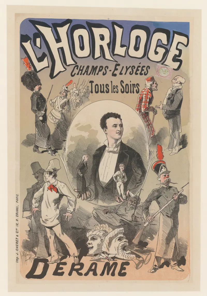 A vibrant Art Nouveau poster by Jules Chéret featuring a decorative clock.