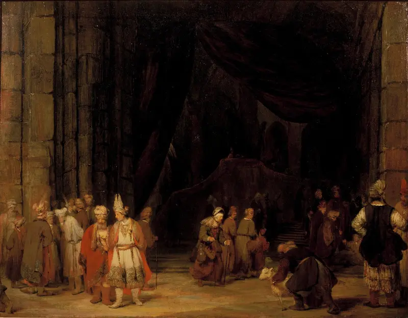 Aert de Gelder's 'Courtyard of a temple' features richly dressed figures in a shadowy temple setting.