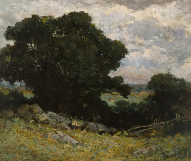 Landscape by Edward Mitchell Bannister, oil painting, depicting hills and a tranquil sky.